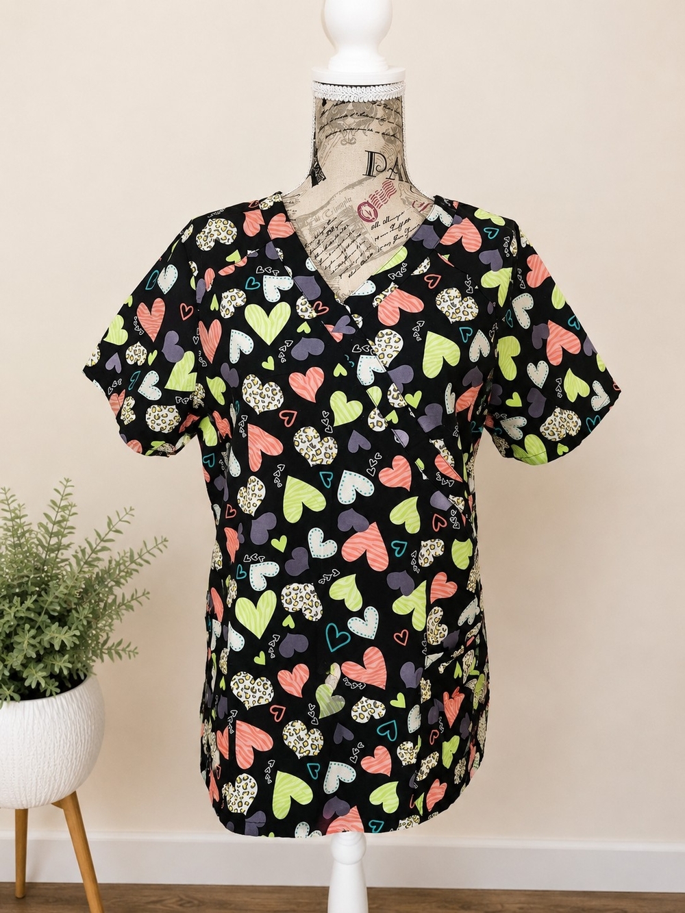 Scrubstar Black V-Neck Scrub Top with Multicolor Heart Print